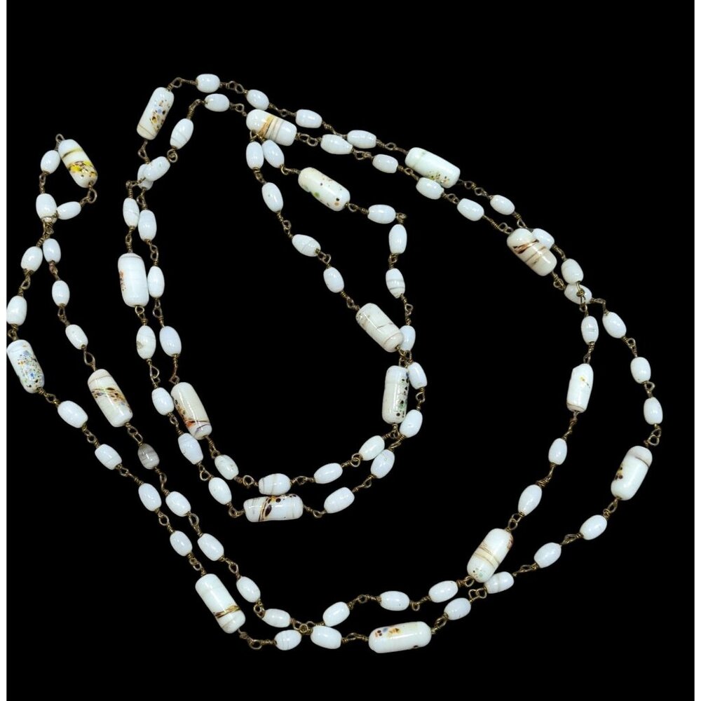 Vintage Handmade Mottled Rainbow Milk Glass Beaded Necklace